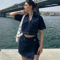 Denim dames set met V-hals top en broekrok – Zeylani