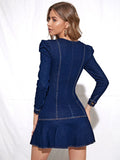 Denim mini-jurk met pofmouwen en V-hals – Marenya