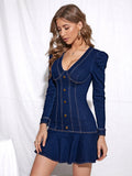 Denim mini-jurk met pofmouwen en V-hals – Marenya