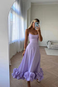 Chiffon Midi Jurk met Ruches en Spaghettibandjes - Livia