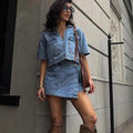 Denim dames set met V-hals top en broekrok – Zeylani