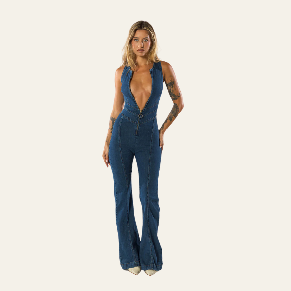 Denim Jumpsuit Met Flare En V-Hals – Eliza