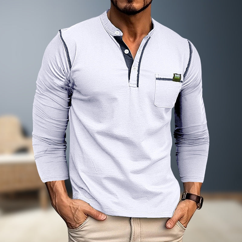 Heren T-shirt met lange mouwen en knoopdetail – Elvoro