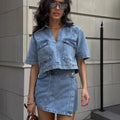 Denim dames set met V-hals top en broekrok – Zeylani