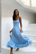 Chiffon Midi Jurk met Ruches en Spaghettibandjes - Livia
