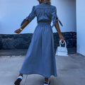 Denim maxi jurk dames V-hals split elegant – Rovelle
