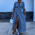 Denim maxi jurk dames V-hals split elegant – Rovelle
