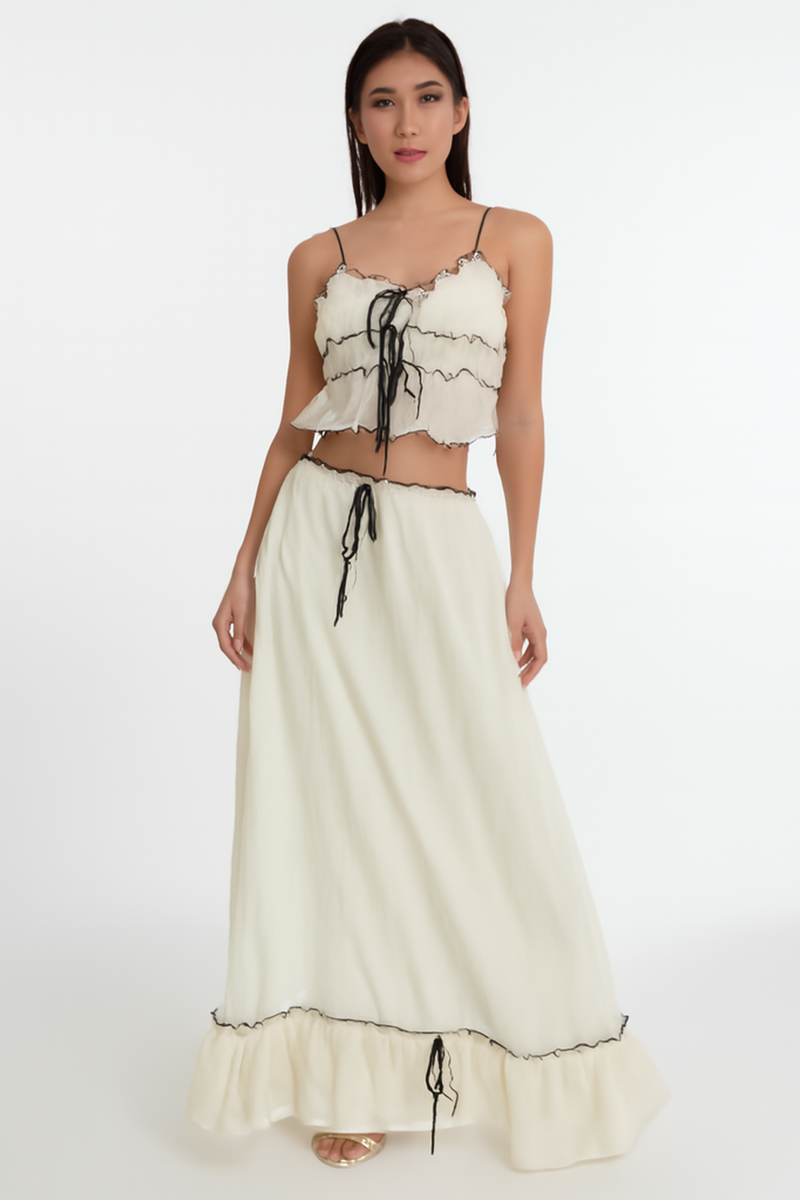 Zomerse Crop Top en Maxi Rok Set met Ruches – Chloé