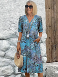Dames midi-jurk met print en vloeiende V-hals – Aurina