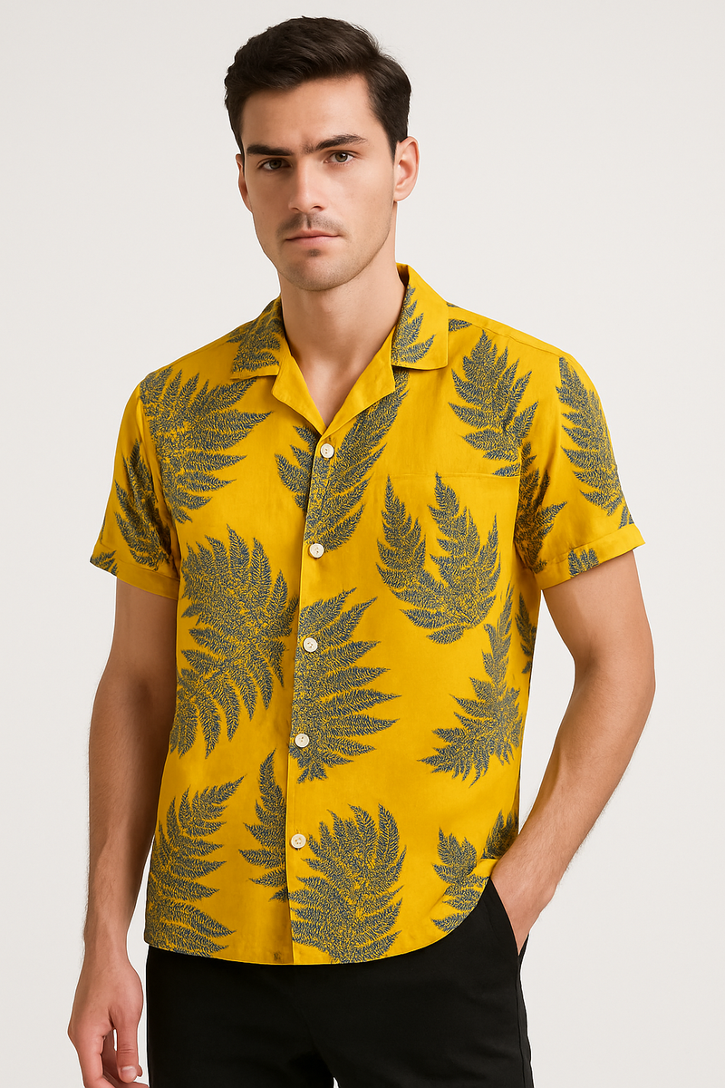 Zomershirt heren geel tropisch katoen ademend – Calvero