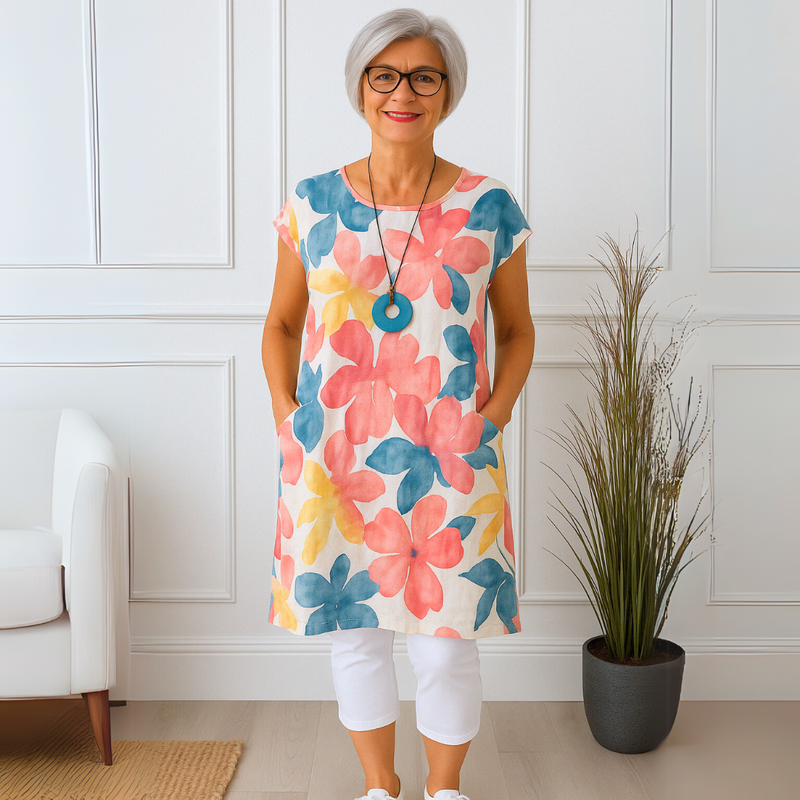 Elegante damesjurk met vlinderprint en ronde hals – Laura