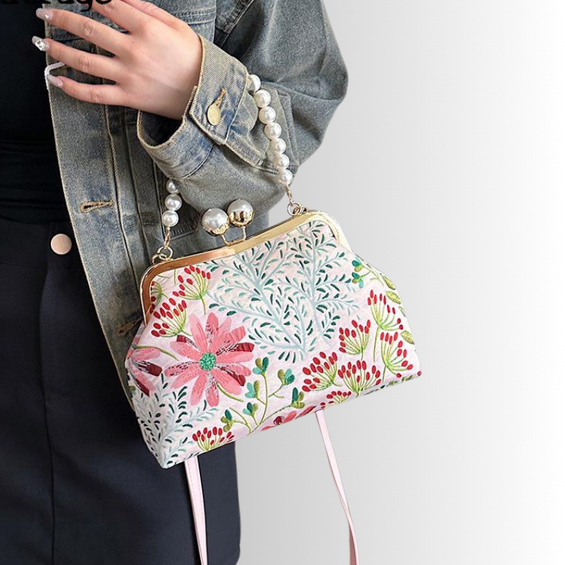 Bloemen clutch met parelketting voor dames – Evalisse