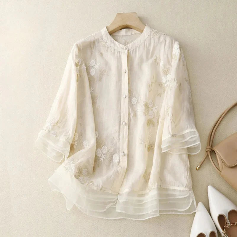 Elegante Broderie Blouse van Katoen-Linnen voor Dames – Mila
