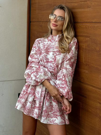Toile mini-jurk met ballonmouwen en strikceintuur – Amelina