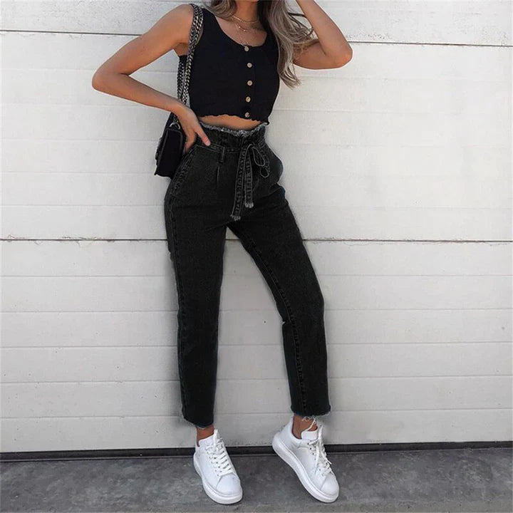 High-waist jeans met riem dames – Tulip