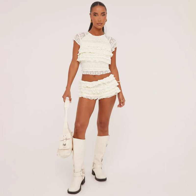 Lace co-ord set met ruches en short met lage taille – Naluna