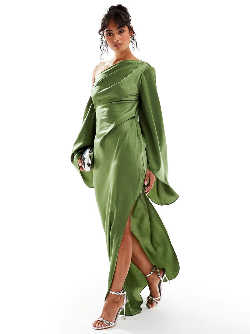 Satijnen one-shoulder maxi jurk met asymmetrische zoom – Jade