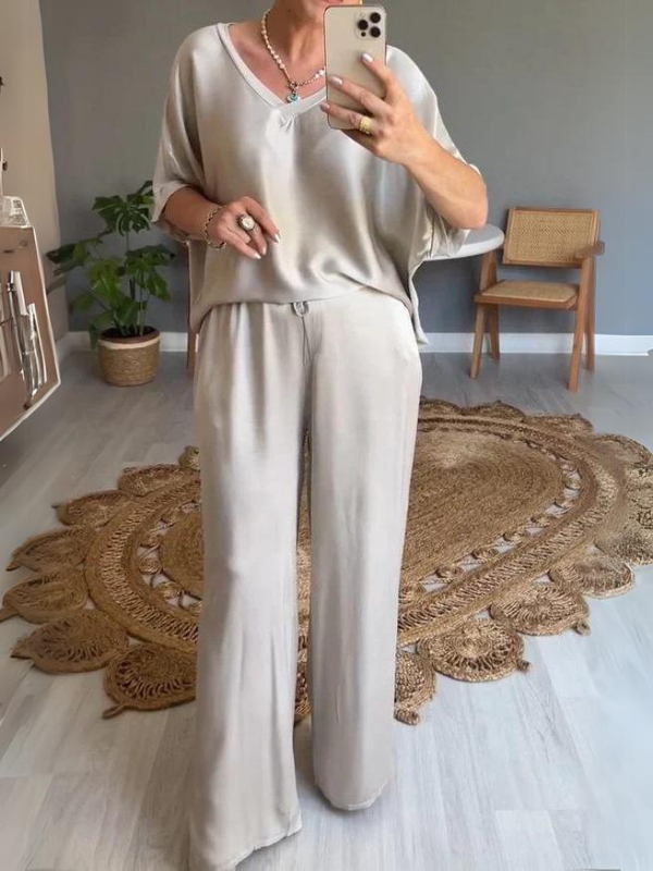 Satijnen dames pak V-hals tweedelig elegant set – Elairra