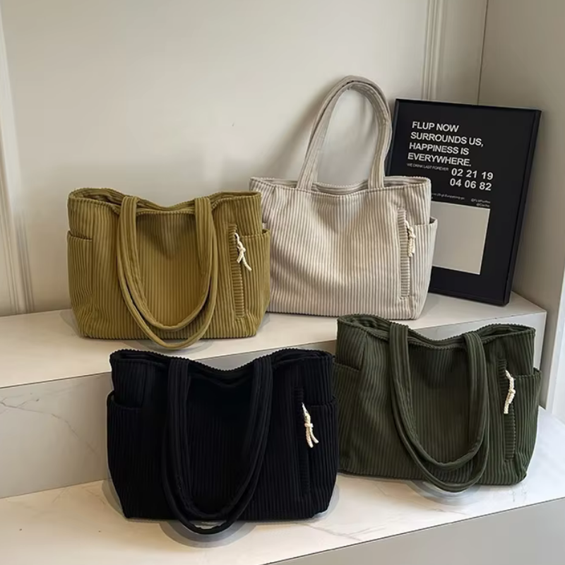 Corduroy tote bag met laptopvak en zijvakken – Tavarya