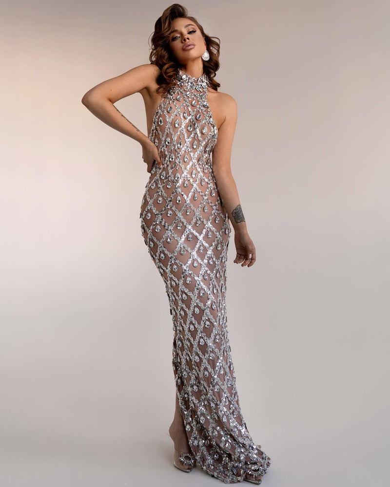 Luxe Maxi Jurk met Kristallen en Mesh - Valérie