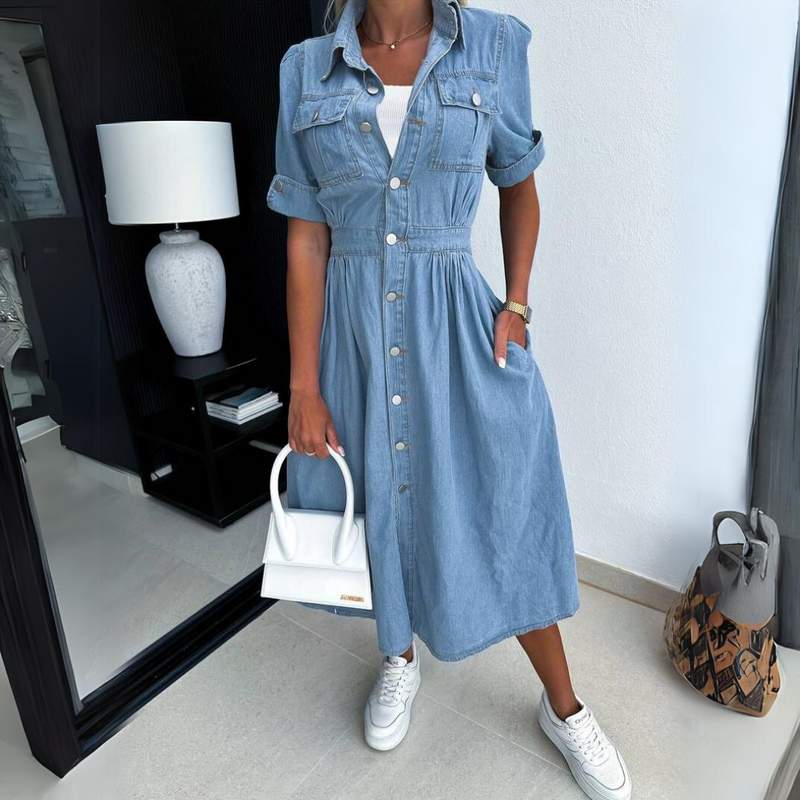 Denim midi jurk voor dames met stijlvolle pasvorm – Rivana