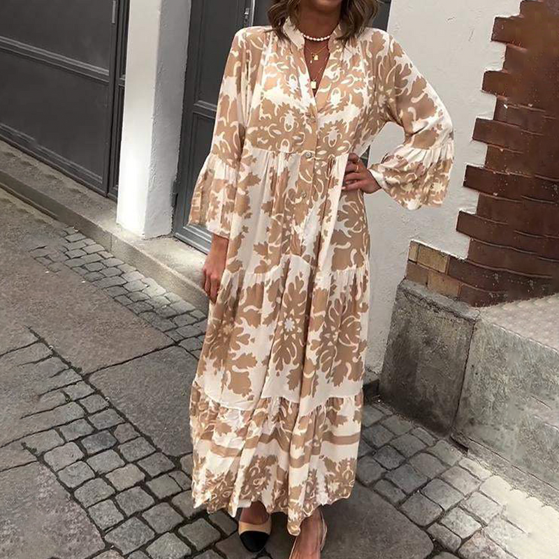 Elegante maxi jurk met V-hals en 3/4 mouwen – Elina