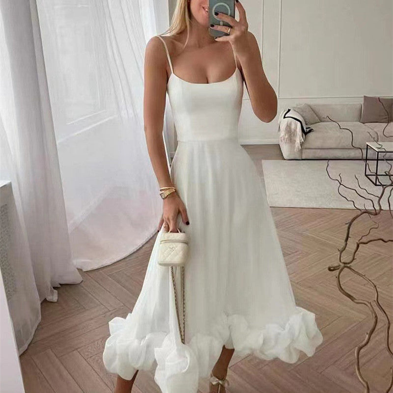 Chiffon Midi Jurk met Ruches en Spaghettibandjes - Livia