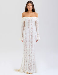 Maxi kanten off-shoulder jurk met ruches – Arwen