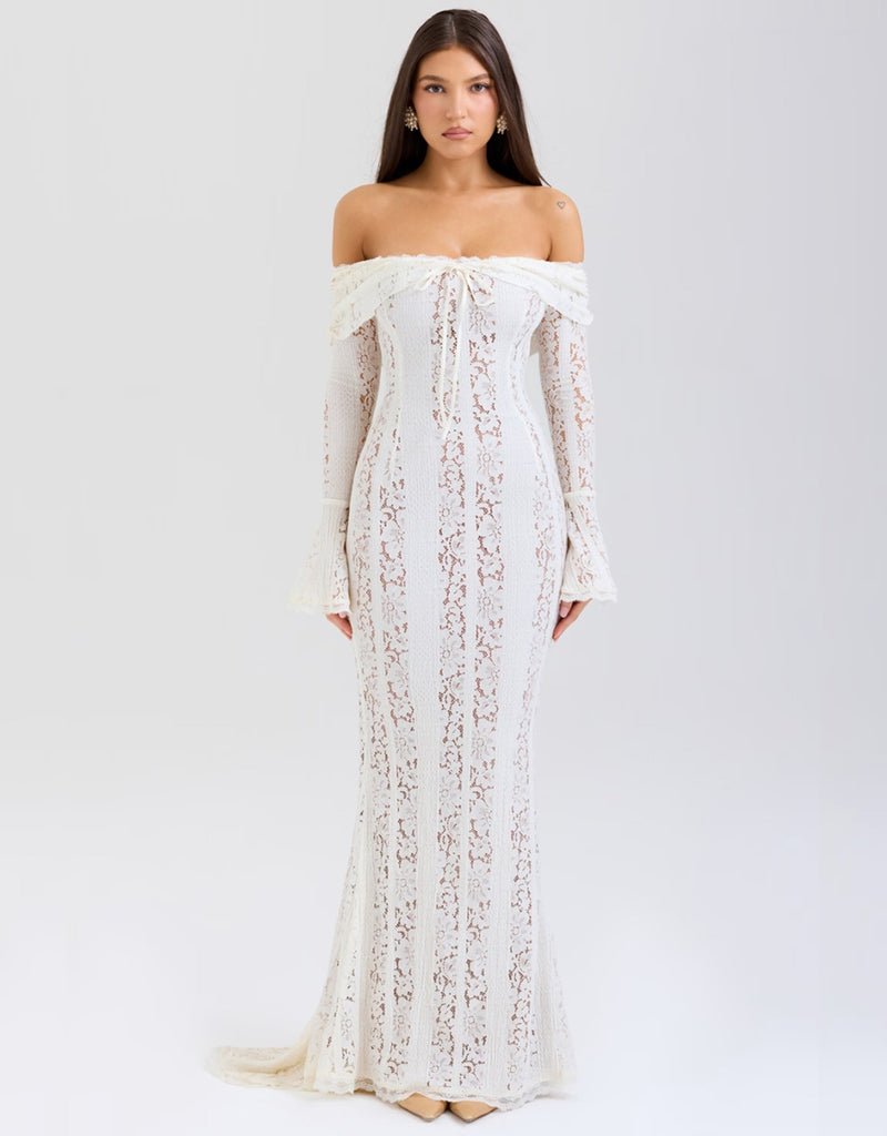 Maxi kanten off-shoulder jurk met ruches – Arwen