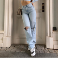 Hoge taille rechte gescheurde jeans voor dames – Mila