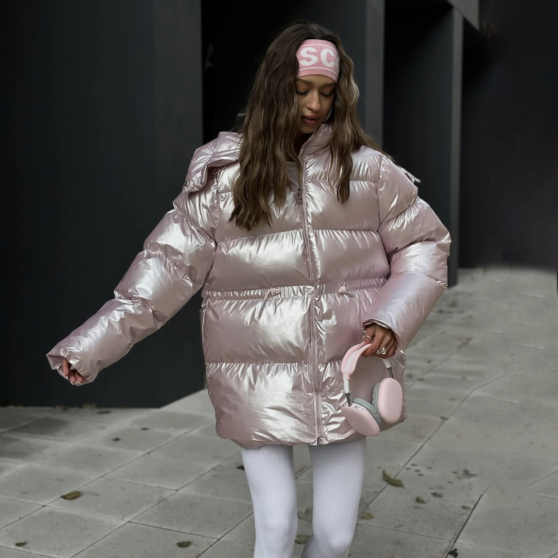 Oversized Hoogglans Metallic Satijnen Pufferjack - Maddie