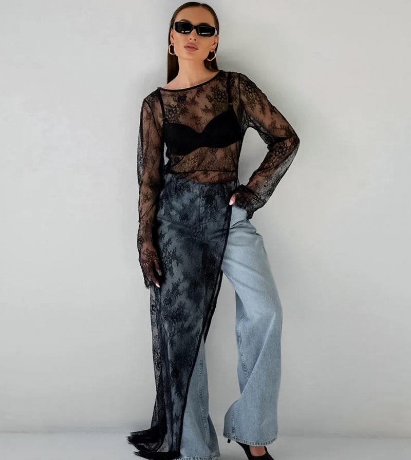 Dames transparante brokaat blouse met elegante details – Sofia