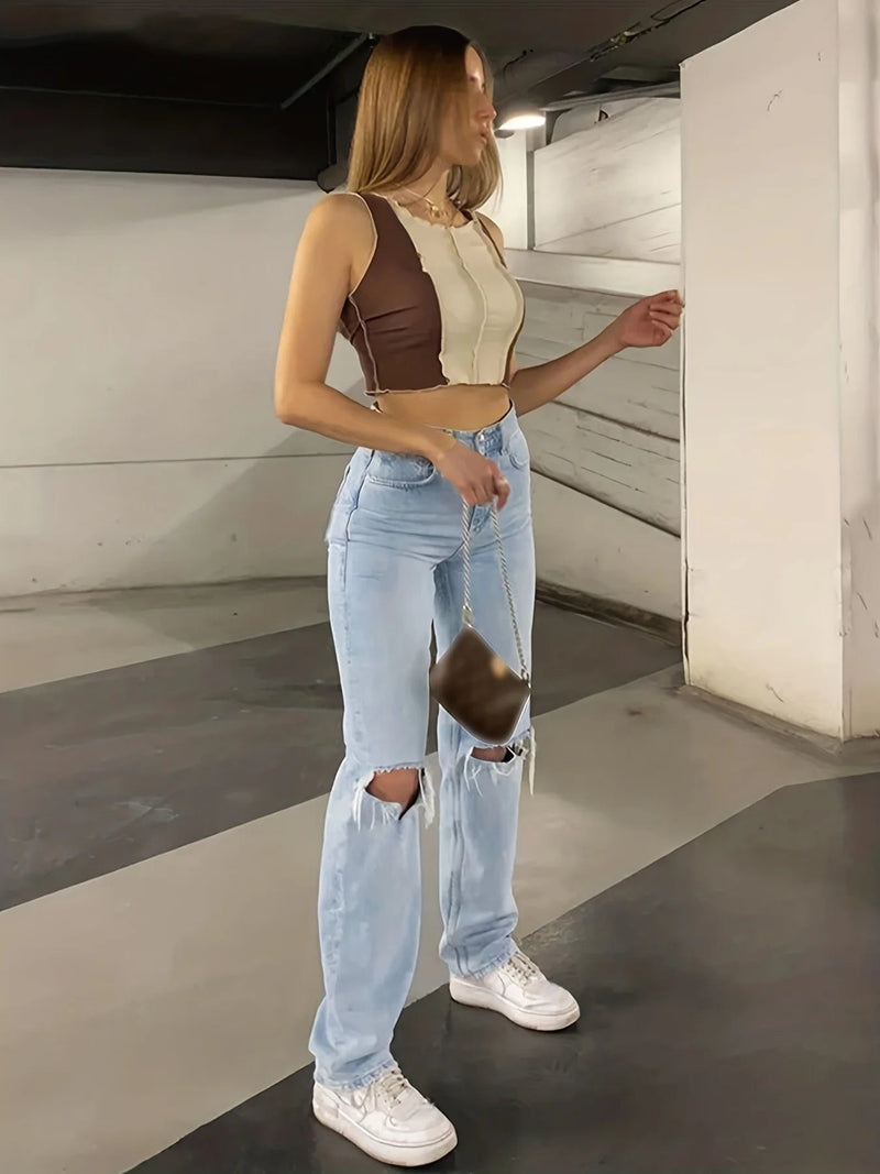 Hoge taille rechte jeans met scheuren voor dames – Lisa
