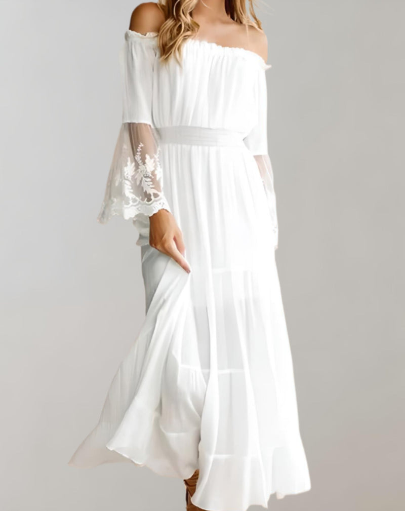 Kanten off-shoulder midi-jurk met tailleband – Isabella