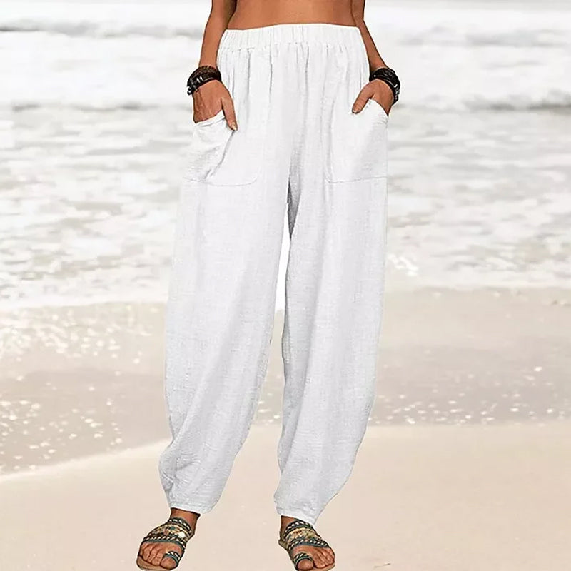 Lichte dames strandbroek met zakken en elastiek – Sanne