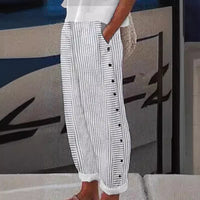 Gestreepte damesbroek met knopen en elastische taille – Renee