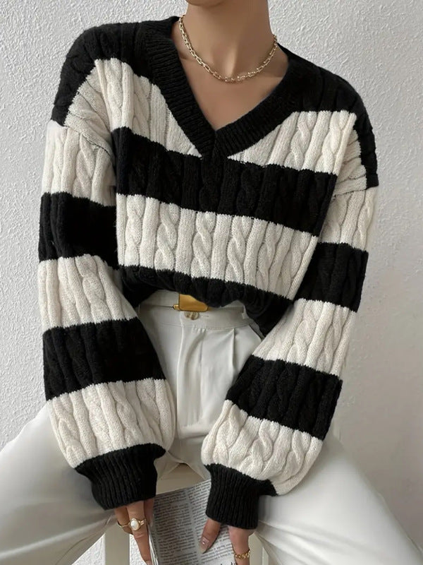 Gestreepte dames V-hals trui voor herfst en winter – Sophie