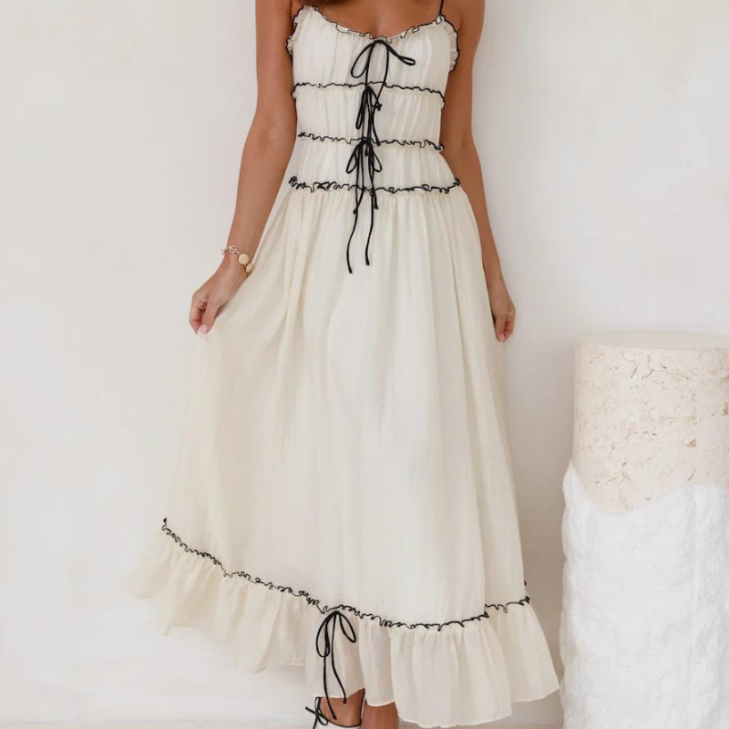 Elegante Maxi Jurk met Gelaagde Rok en Plissé - Olivia