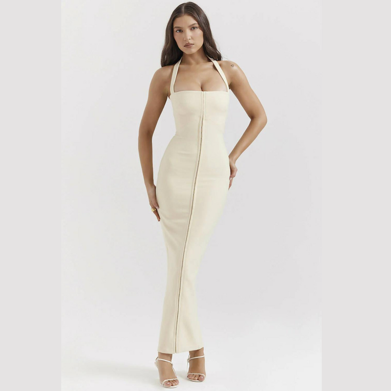 Maxi halterjurk met split en open rug – Aurora