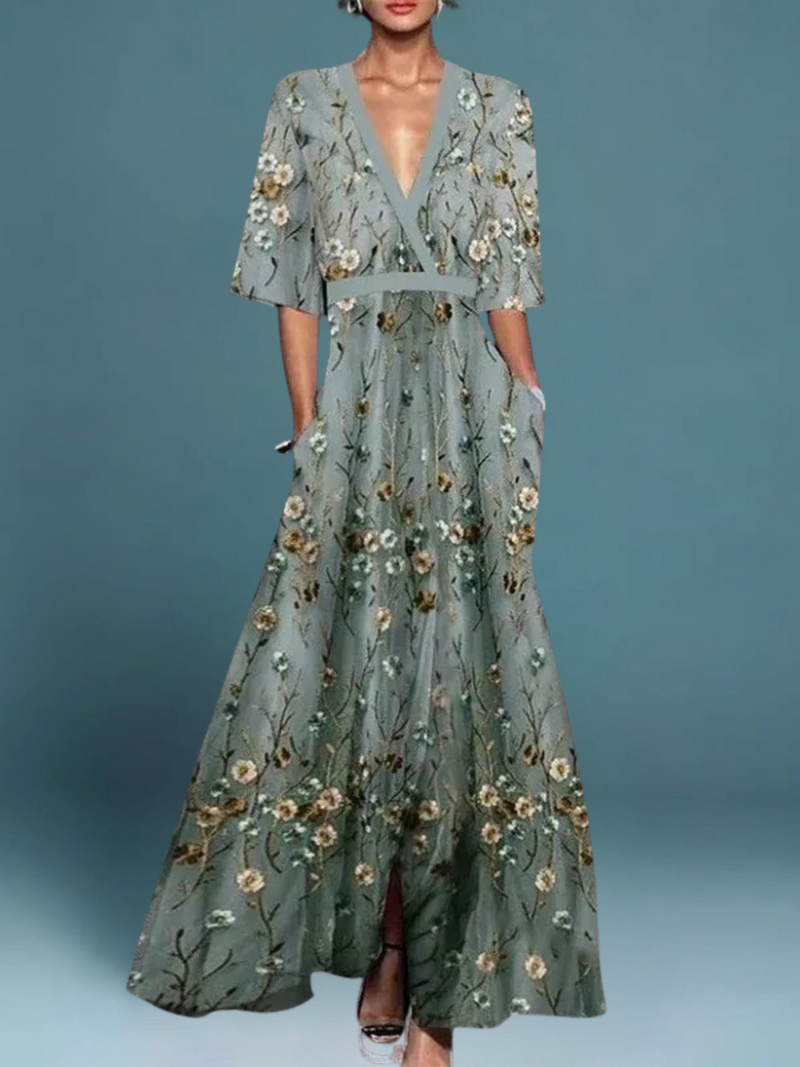 Elegante lange damesjurk bloemenprint zomerse pasvorm – Femke
