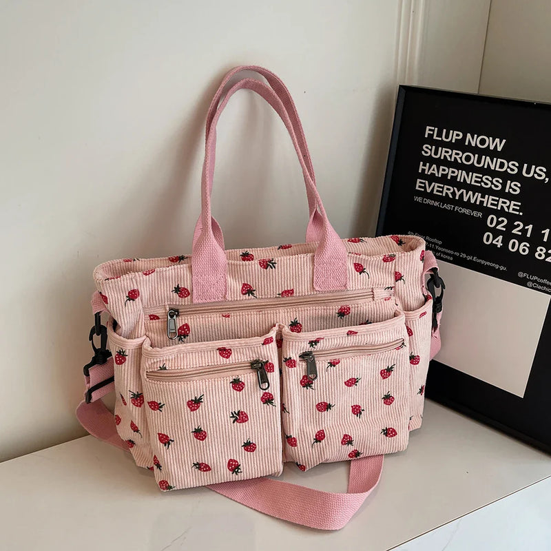 Corduroy tote bag met aardbeienprint voor dames – Lurella