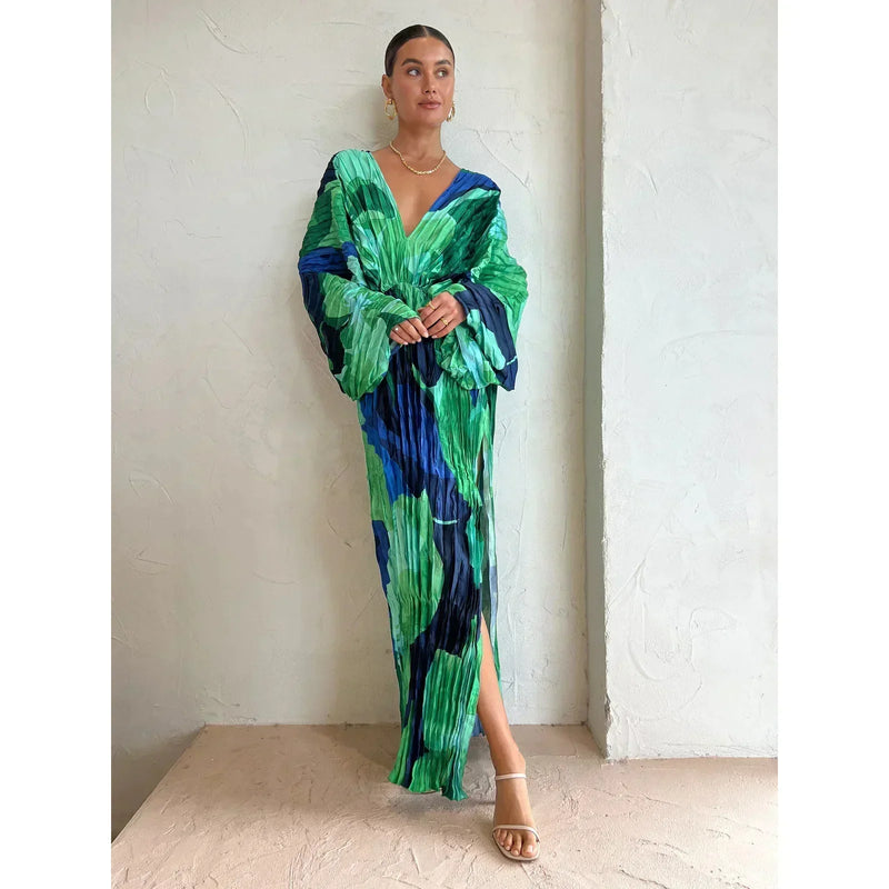 Elegante tropische maxi jurk met V-hals – Teresa