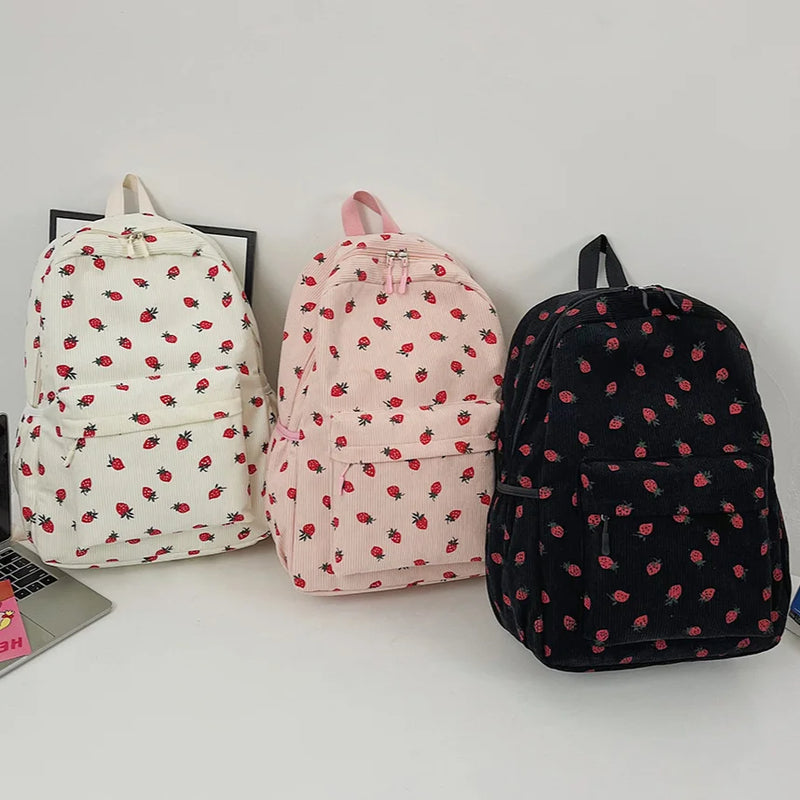 Corduroy rugzak met aardbeiendesign voor dames – Seralya