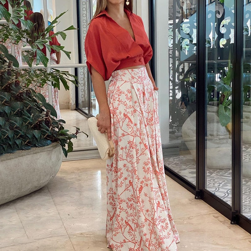 Tweedelige dames set met V-hals top en wijde broek – Mila