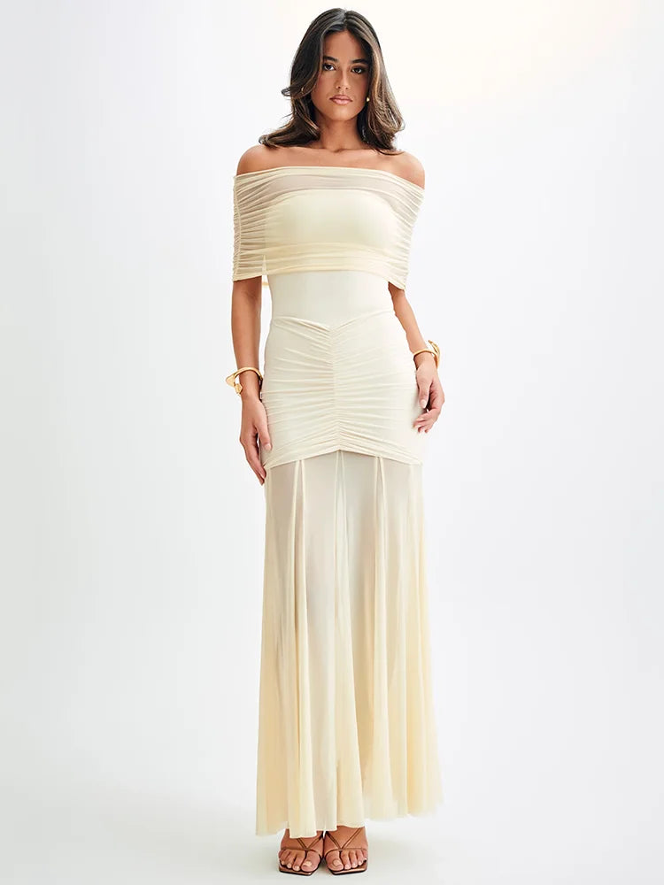 Off-Shoulder Maxi Jurk met Mesh en Ruches - Charlotte