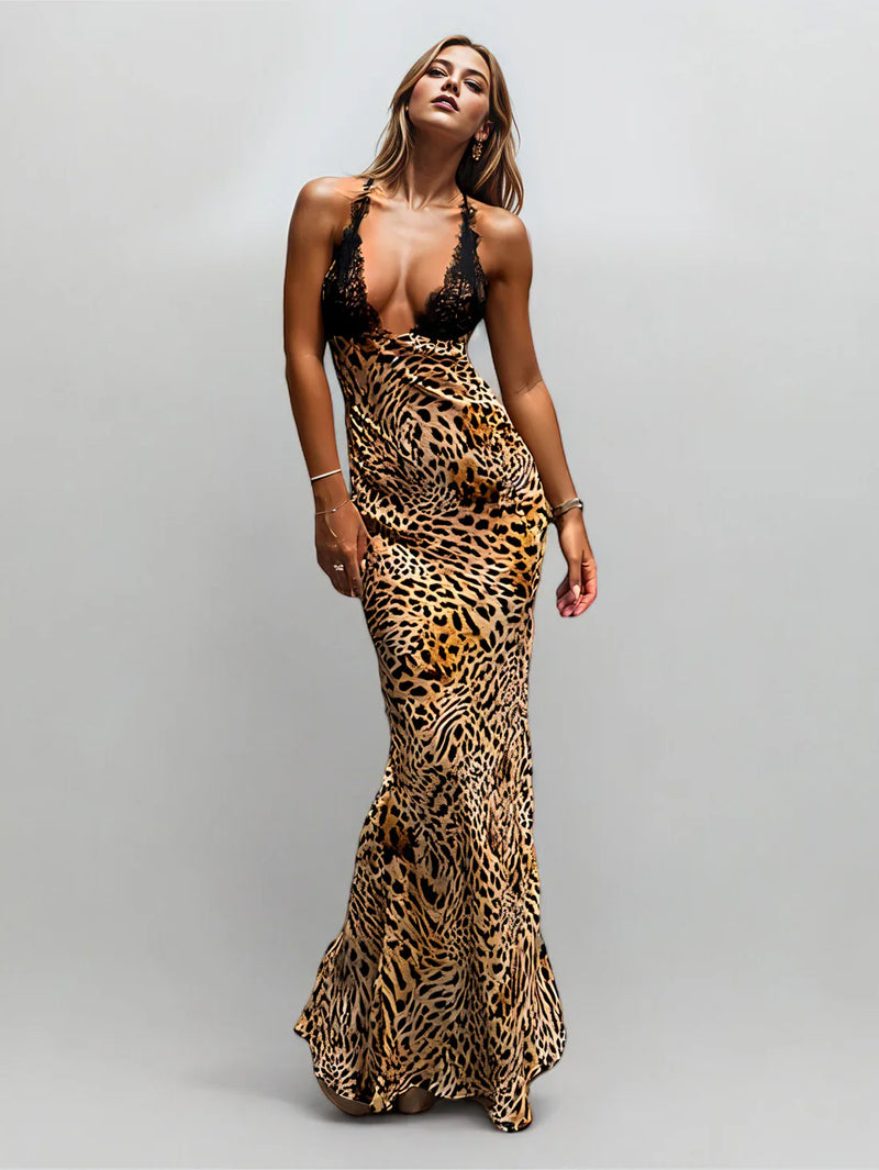 Maxi jurk met luipaardprint en kanten details – Yara