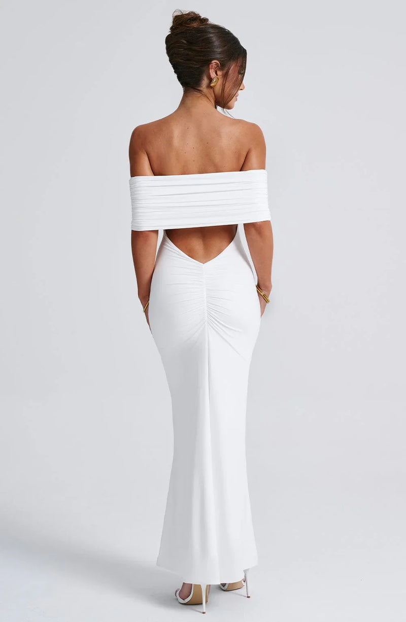 Off-Shoulder Maxi Jurk met Open Rug en Plooien - Amara