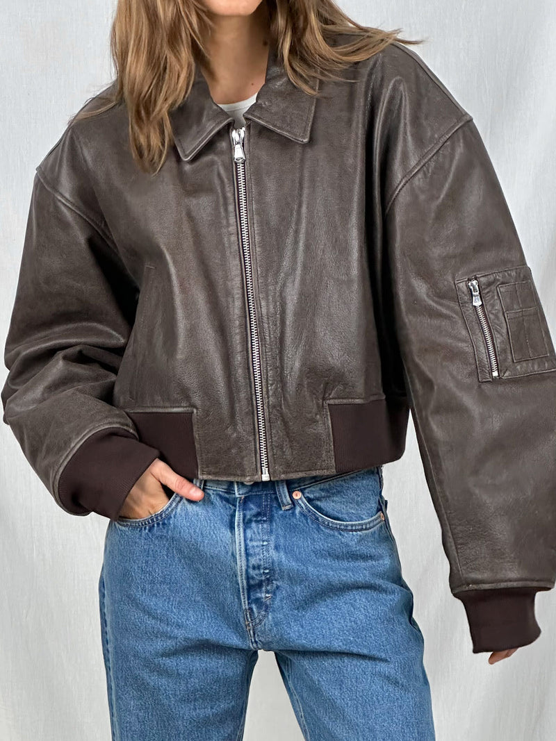 Cropped dames bomberjack in vintage nepleer – Nayla