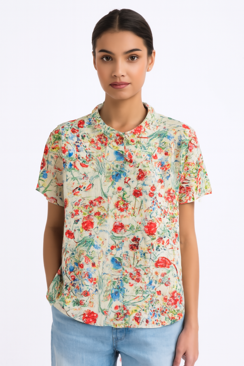 Dames blouse katoen linnen bloemenprint comfortabel casual – Janelys