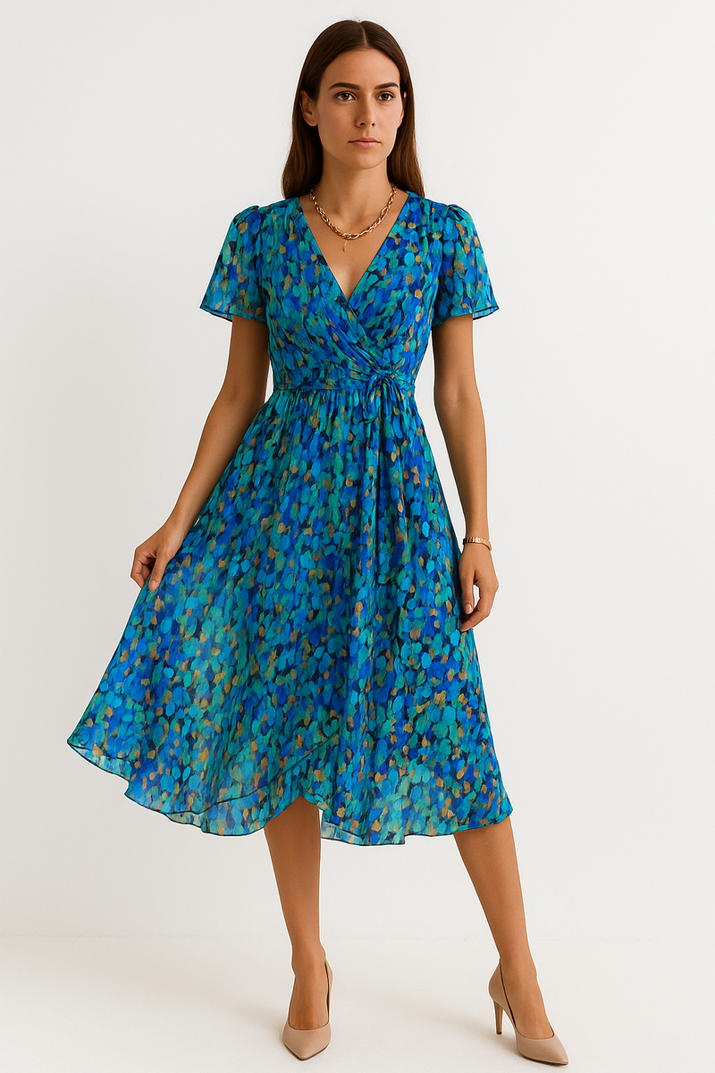 Wikkel zomerjurk voor dames met V-hals en chiffon – Emma